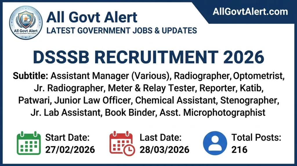 DSSSB Recruitment 2026 Apply Online for 216 Various Posts (Advt 022026)