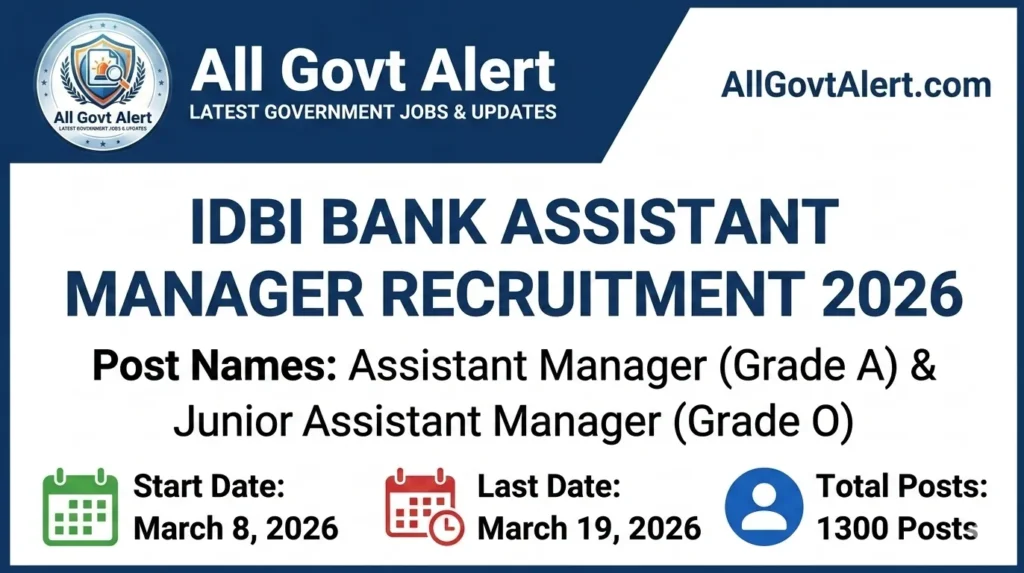 IDBI Bank Assistant Manager Recruitment 2026 Apply Online for 1300 Posts
