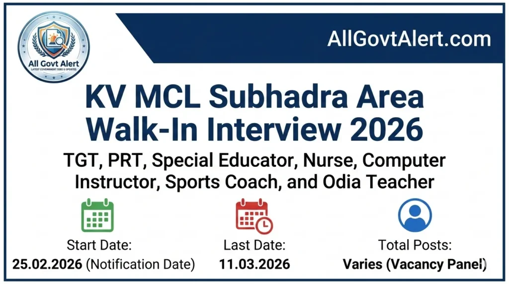 KV MCL Subhadra Area Recruitment 2026 Walk-In Interview for Teachers & Staff