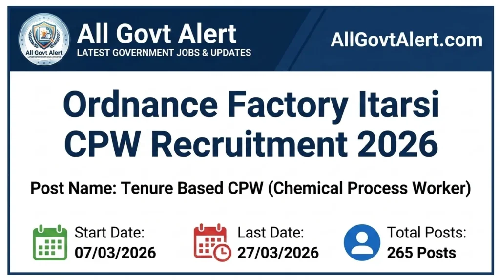Ordnance Factory Itarsi CPW Recruitment 2026 Apply Offline for 265 Posts