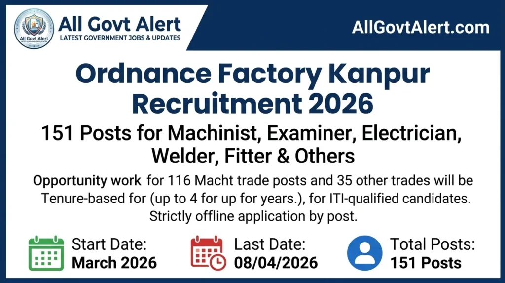 Ordnance Factory Kanpur Recruitment 2026 Apply Offline for 151 ITI Trade Posts